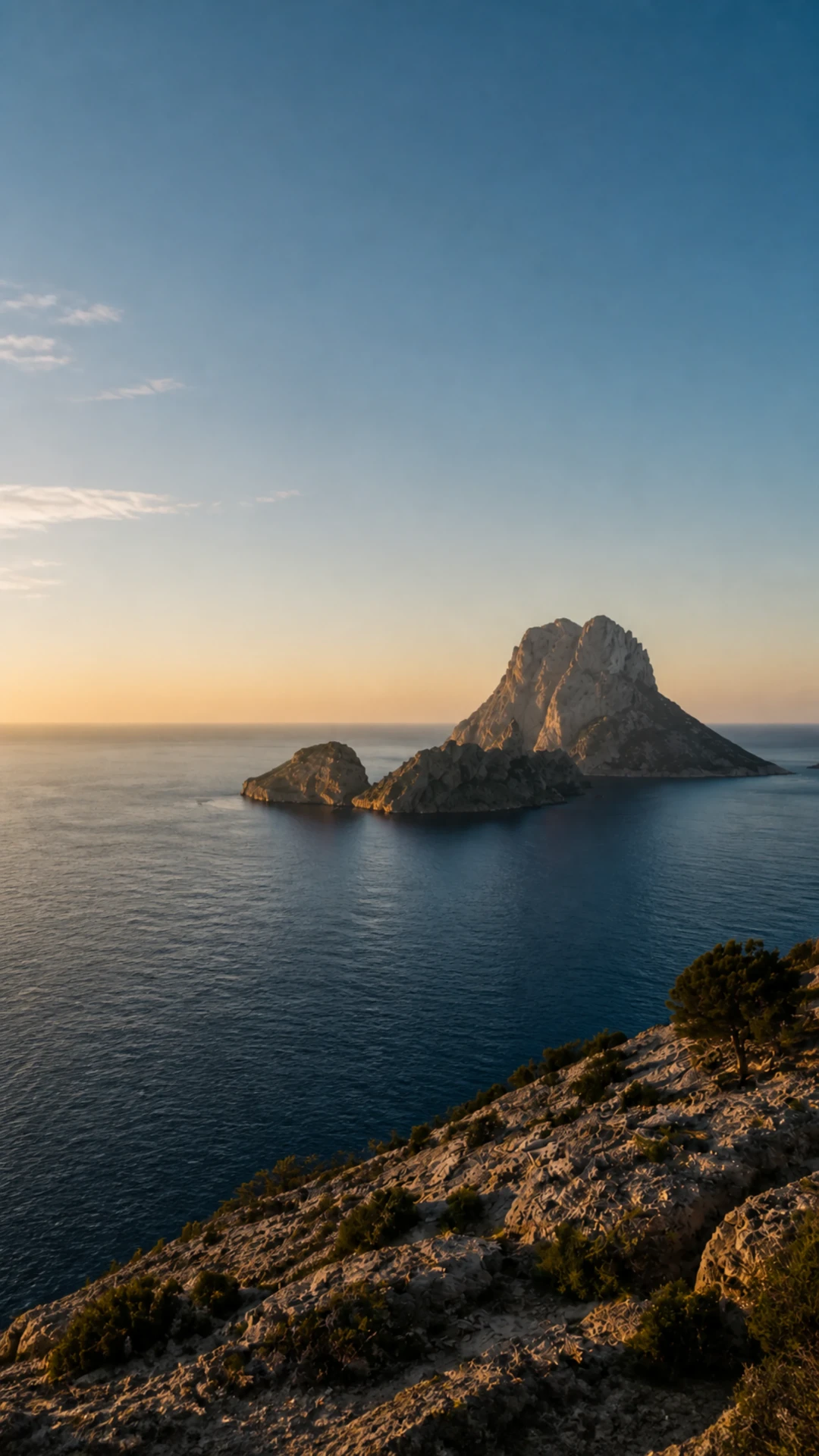 Es Vedrà seen from an Ibiza clifftop at sunset