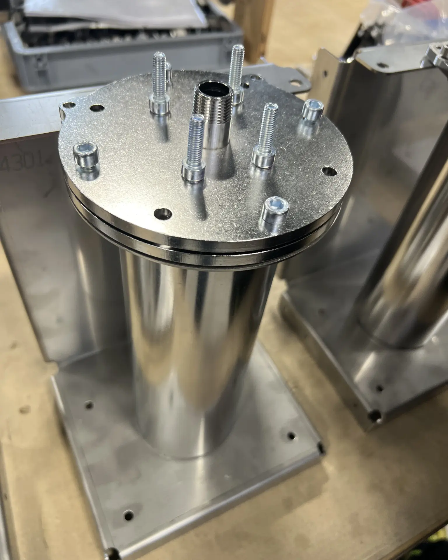 Close-up of a stainless steel OXYSPIN component during manufacturing