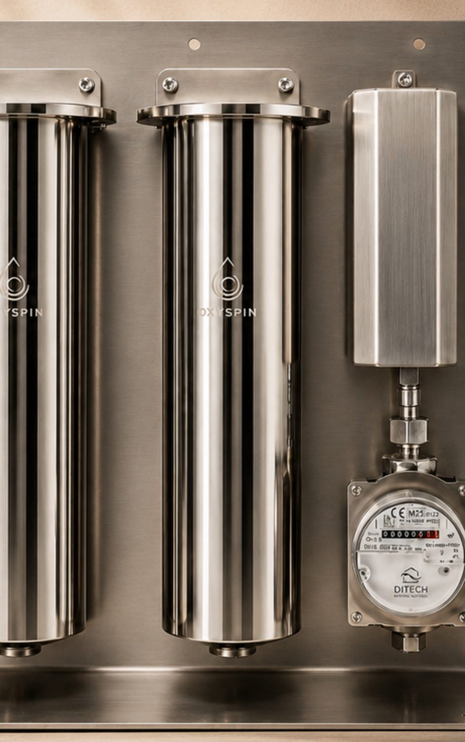 AQUA AID FILTER stainless steel filter cylinders on a wall panel
